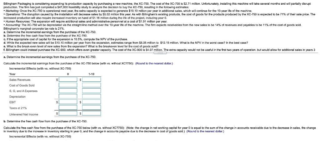  Billingham Packaging is considering expanding its production capacity by purchasing a