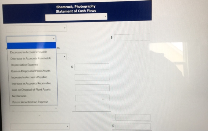 disposal plant assets of $9.504. Shamrock Photography's comparative balance sheets show the