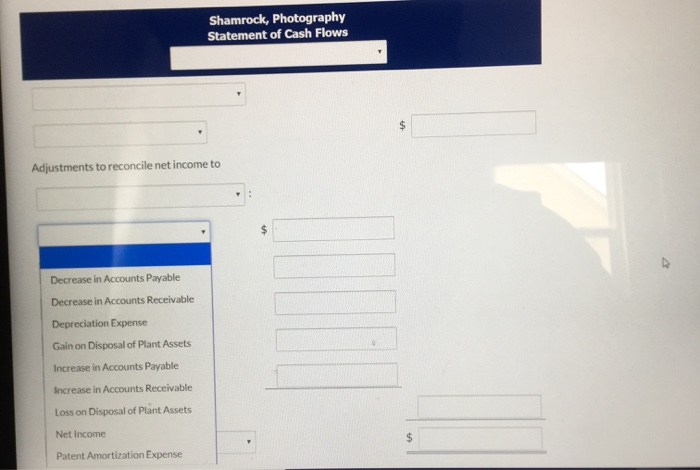 Calculate net cash provided used by operating activities for Shamrock, Photography (Show