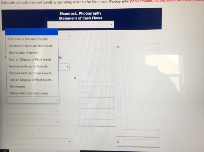 15.00 Calculate net cash provided (used) by operating activities for Shamrock, Photography.