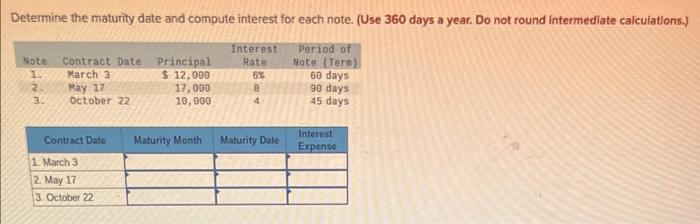  Determine the maturity date and compute interest for each note. (Use