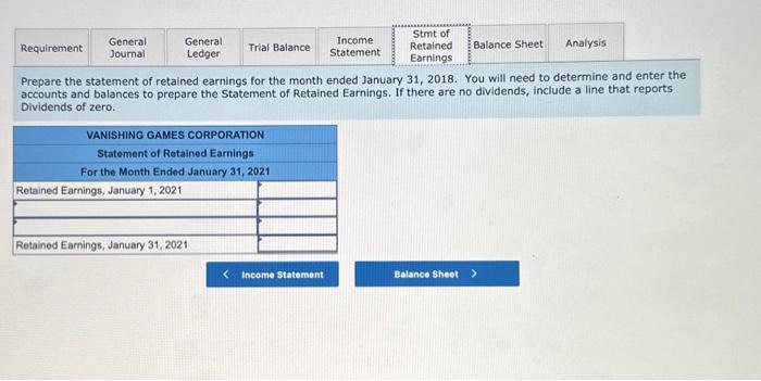 Statement of Retained Earnings tab - Prepare the statement of retained earnings