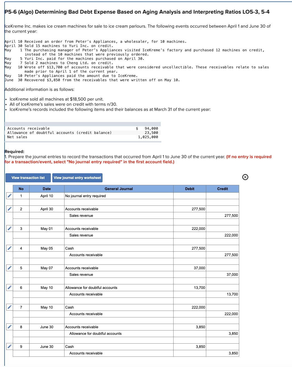  P5-6 (Algo) Determining Bad Debt Expense Based on Aging Analysis and