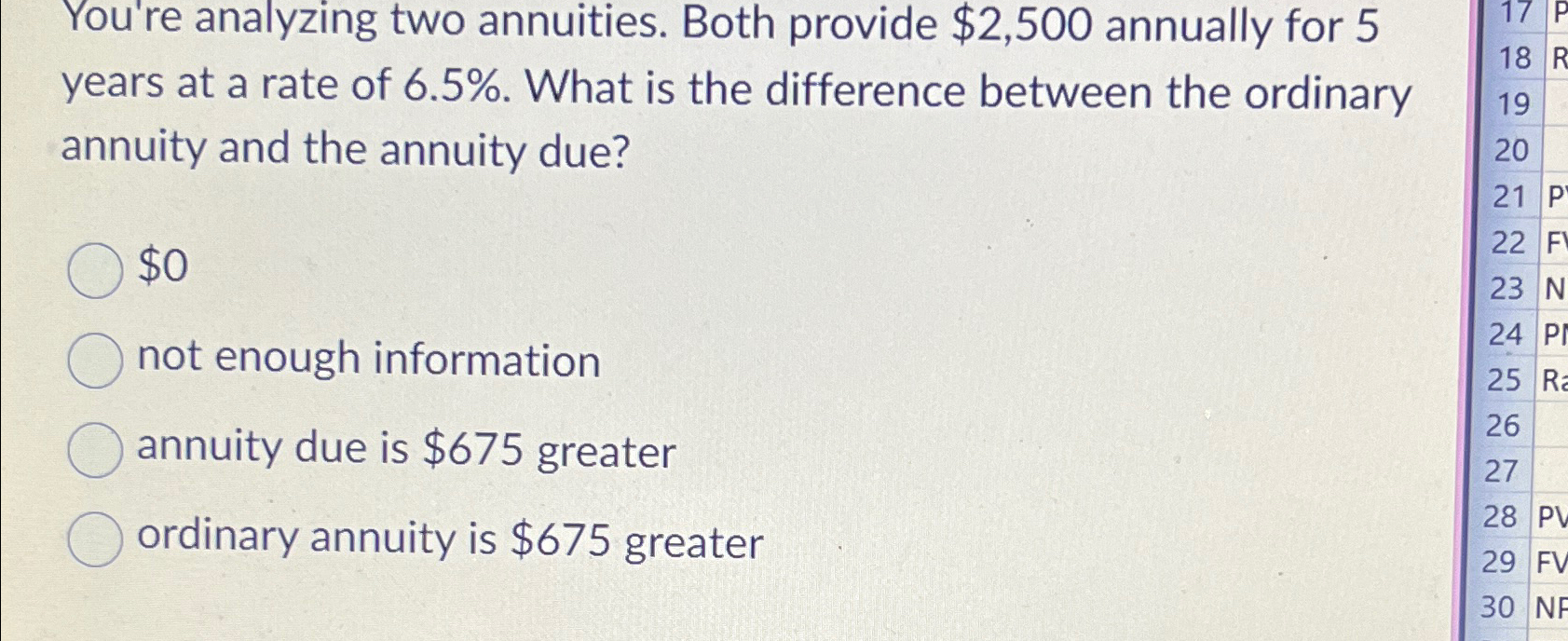  You're analyzing two annuities. Both provide $2,500 annually for 5 years