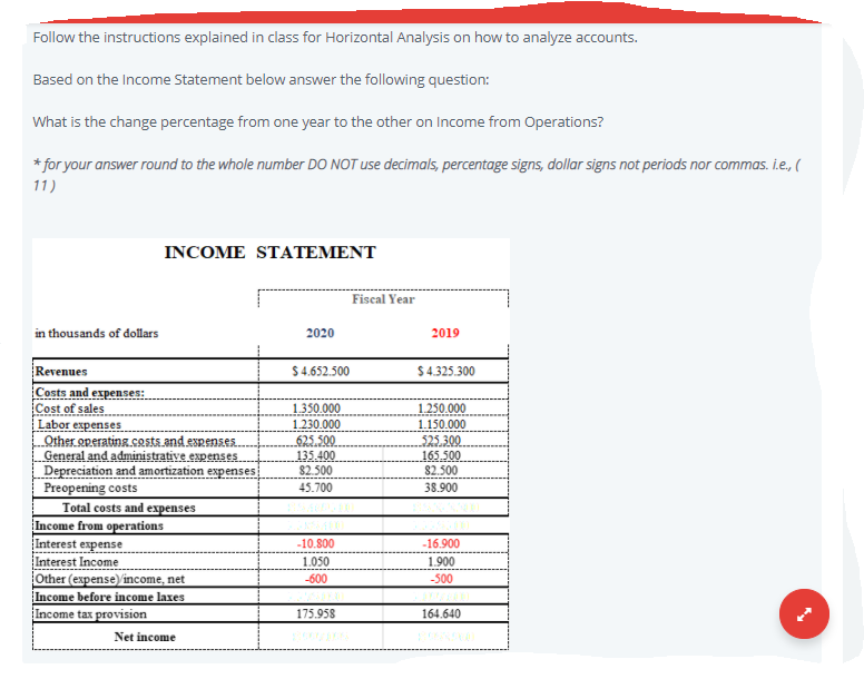Follow the instructions explained in class for Horizontal Analysis on how