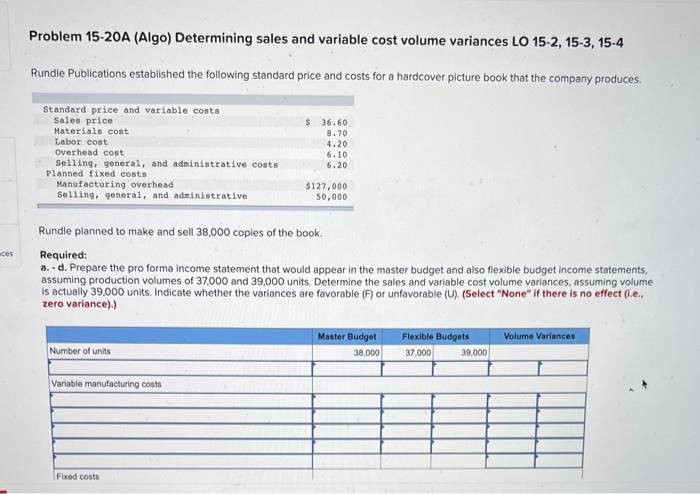  Problem 15-20A (Algo) Determining sales and variable cost volume variances LO
