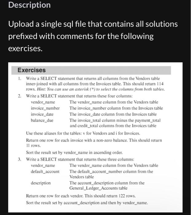  Description Upload a single sql file that contains all solutions prefixed