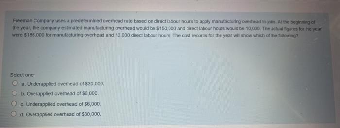  Freeman Company uses a predetermined overhead rate based on direct labour