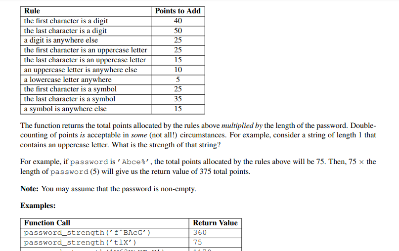 Password Strength Calculator (20 points) Write a function password.strength ) that takes