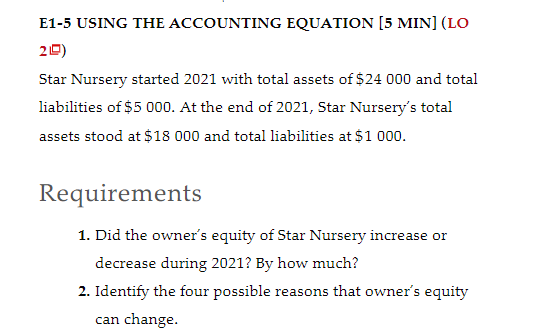 MIN] (LO 2 ) Calculate the missing amount in the accounting equation