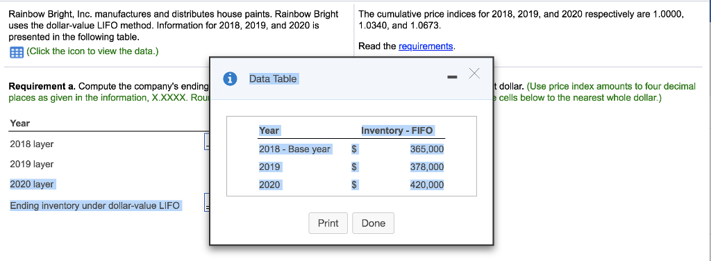  a. Compute the company's ending inventory using dollar-value LIFO for each