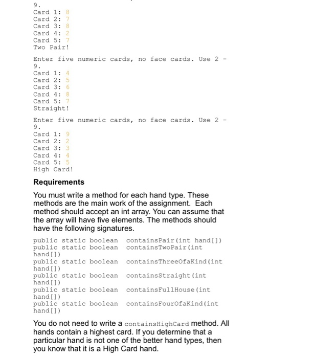 user, then analyzes the cards and prints out the category of hand