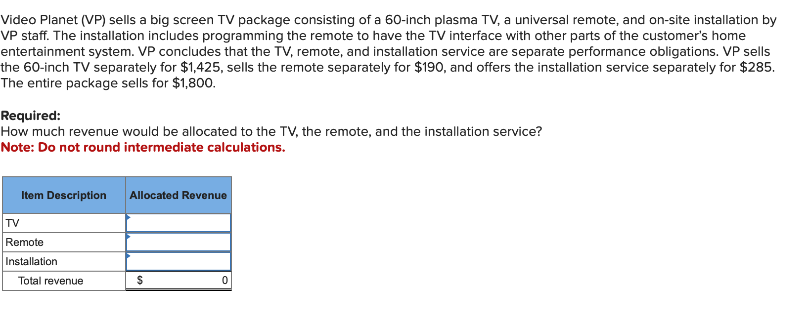 Video Planet (VP) sells a big screen TV package consisting of