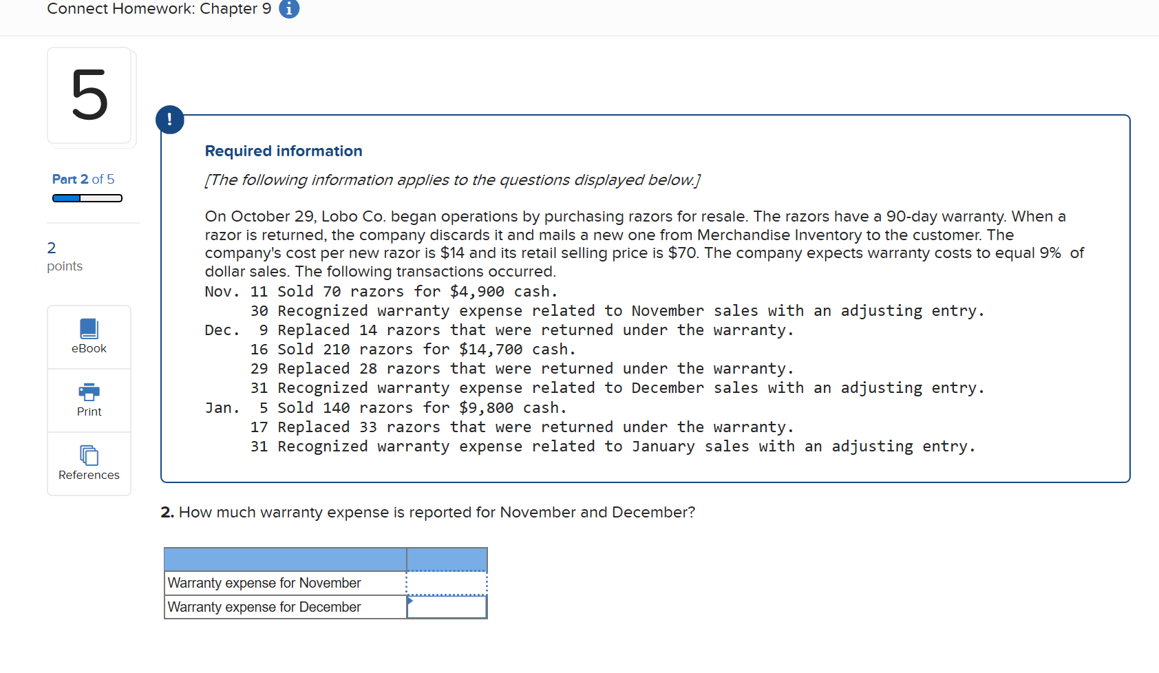 Connect Homework: Chapter 9 i Required information Part 2 of 5
