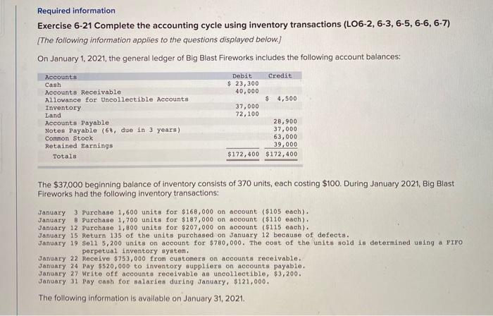 Required information Exercise 6-21 Complete the accounting cycle using inventory transactions