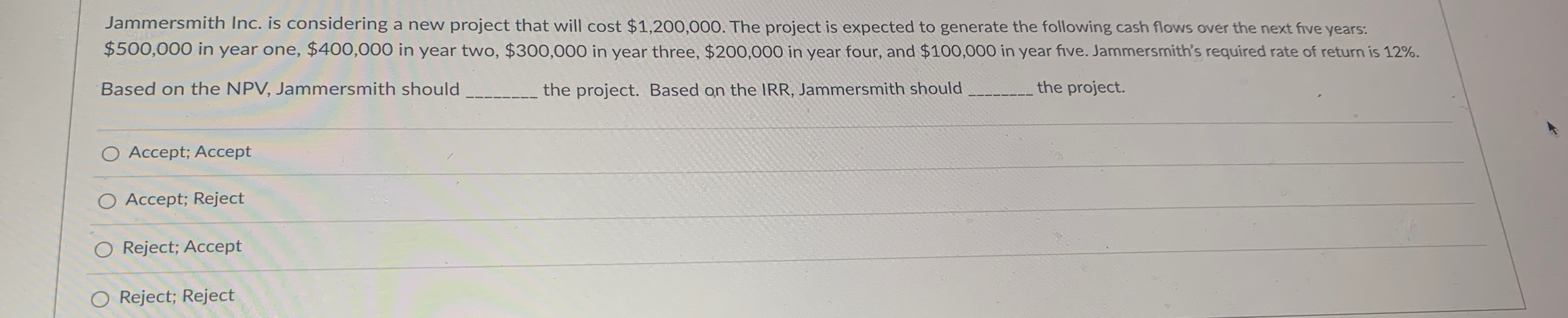  Jammersmith Inc. is considering a new project that will cost $1,200,000.