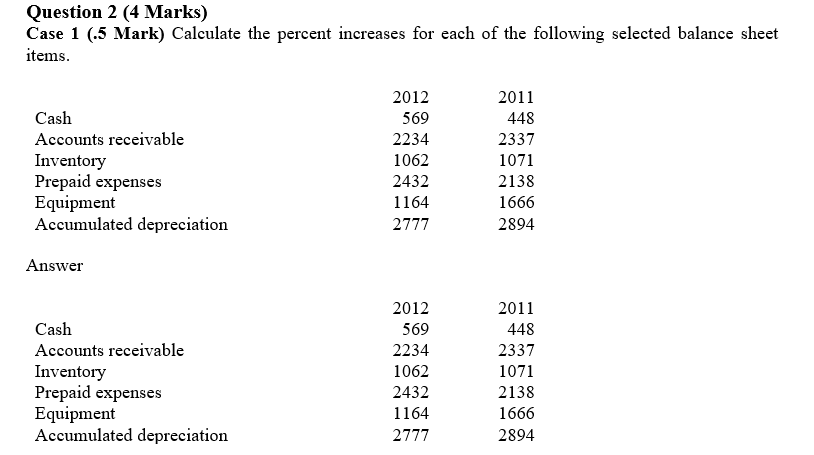  Question 2 (4 Marks) Case 1 (.5 Mark) Calculate the percent