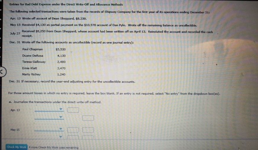 Entries for Bad Debt Expense under the Direct Write-Off and Allowance