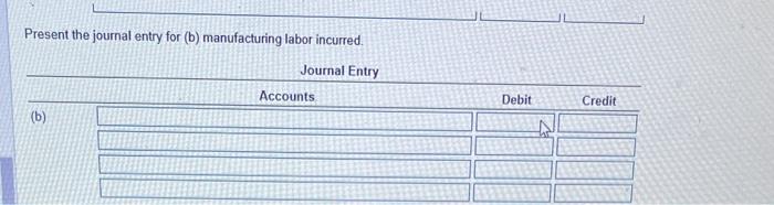 Present the journal entry for (b) manufacturing labor incurred. Present the journal