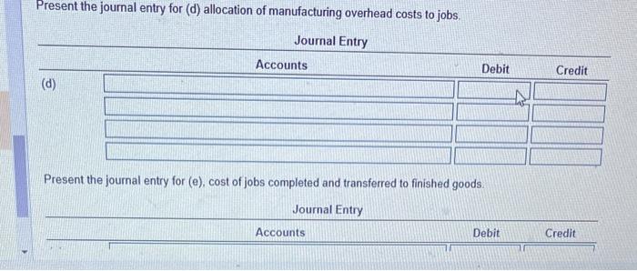(d) allocation of manufacturing overhead costs to jobs Present the journal entry