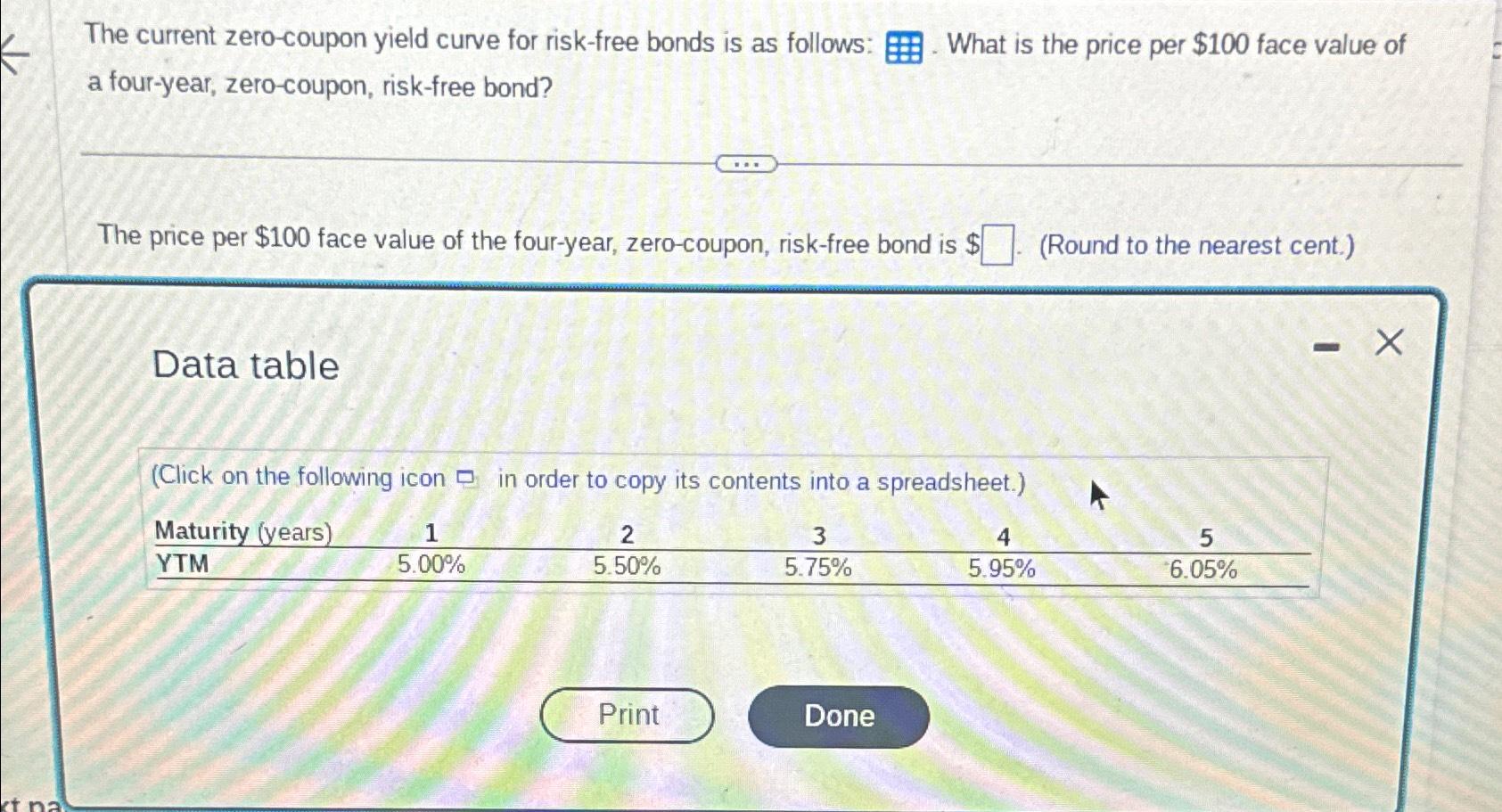  The current zero-coupon yield curve for risk-free bonds is as follows: