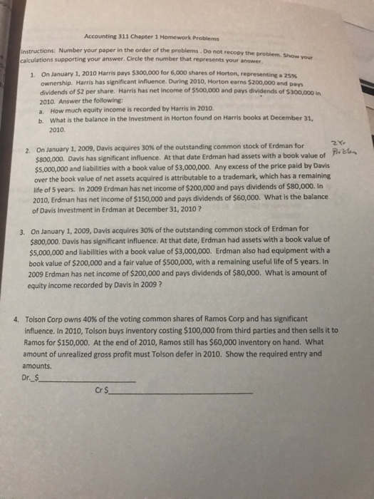  Accounting 311 Chapter 1 Homework Problems Instructions: Number your paper in