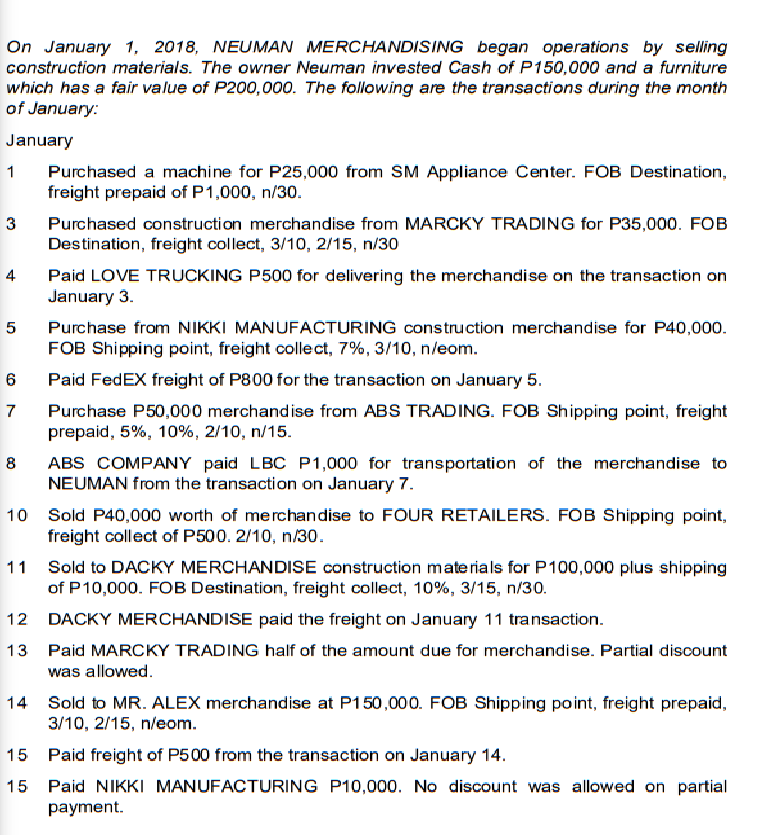 DIRECTION: Prepare a POST CLOSING TRIAL BALANCE using PERPETUAL INVENTORY SYSTEM. On