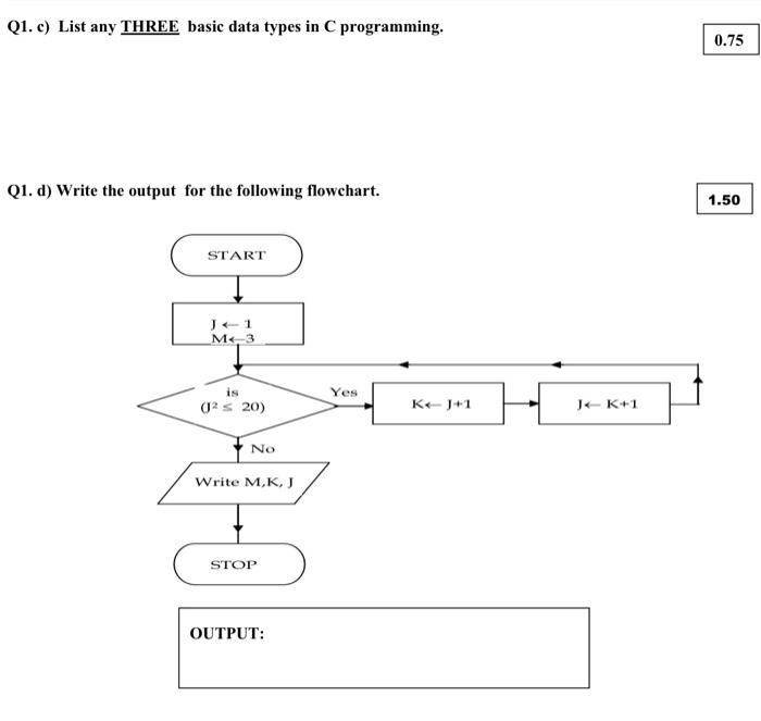 Q1. c) List any THREE basic data types in C programming.