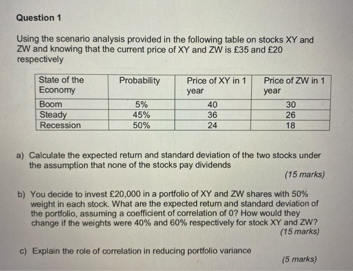  Question 1 Using the scenario analysis provided in the following table