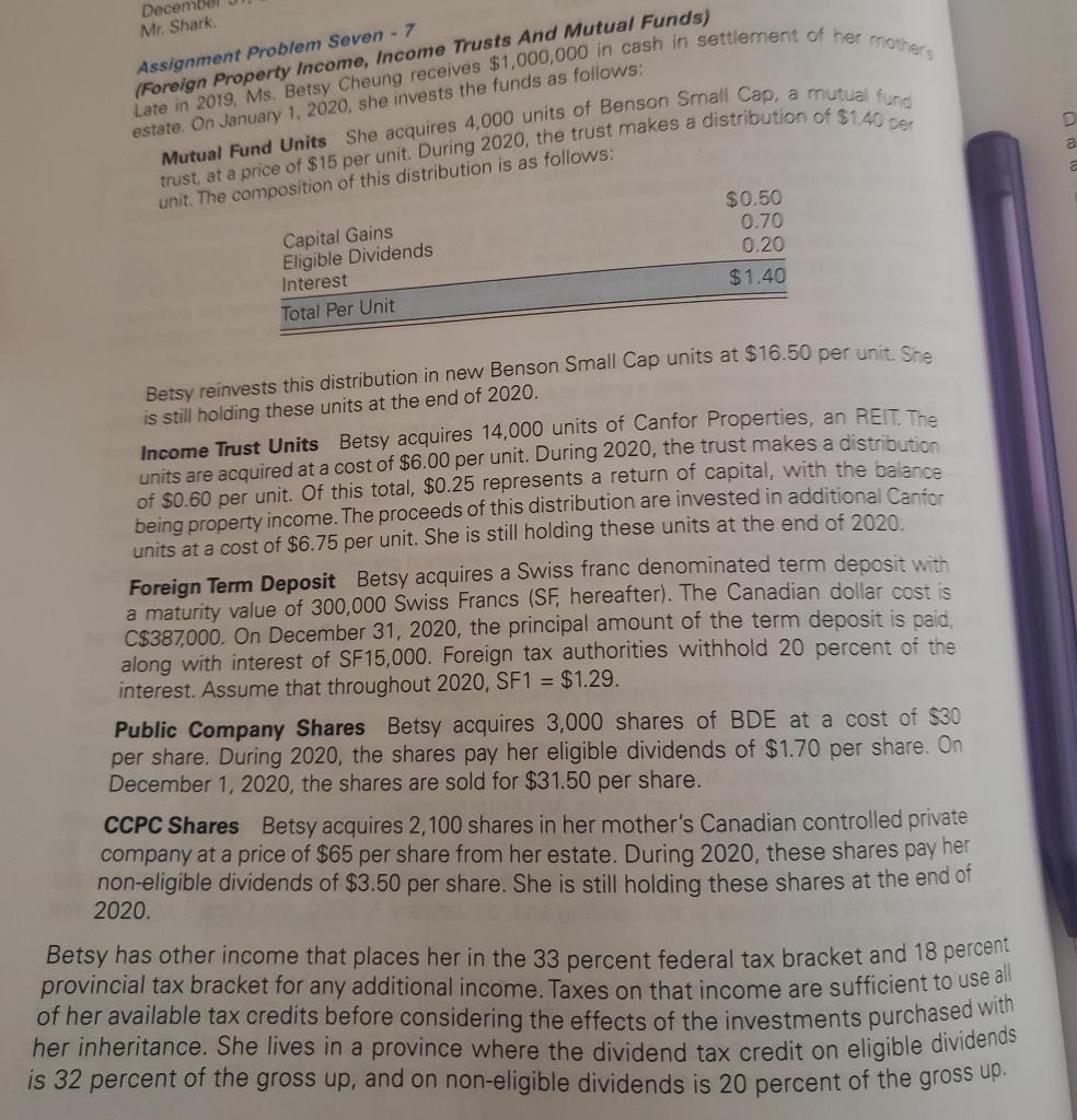 December Mr. Shark ) Assignment Problem Seven - 7 estate. On