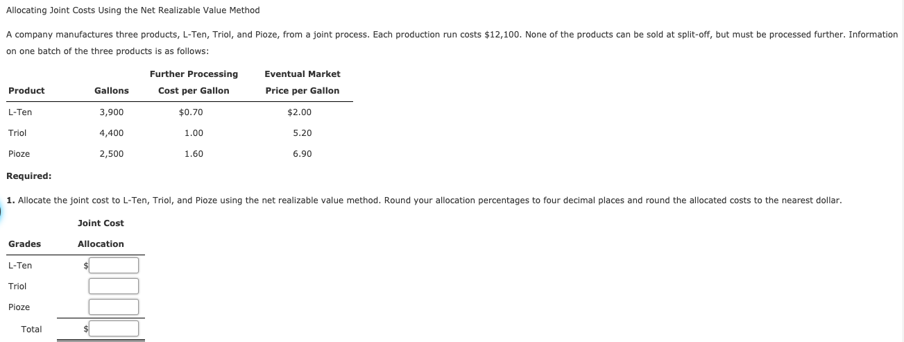 Allocating Joint Costs Using the Net Realizable Value Method A company