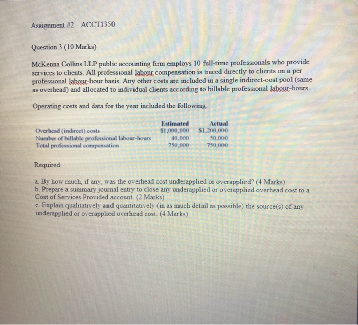  ACCT1350 Assignment # 2 Question 3 (10 Marks) McKenna Collins LLP