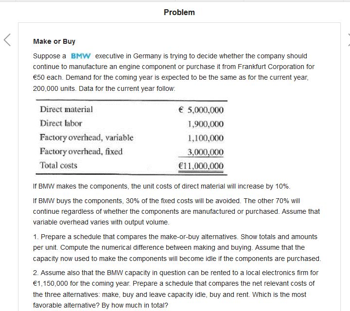 please show calucations Problem Make or Buy Suppose a BMW executive