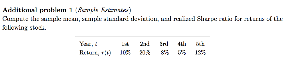 Additional problem 1 (Sample Estimates) Compute the sample mean, sample standard