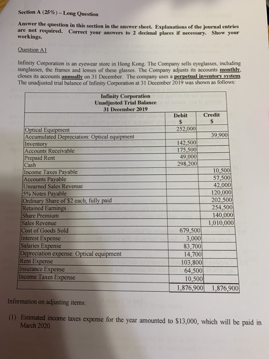 infinity corporation is an eyewear Section A (25%) - Long Question Answer