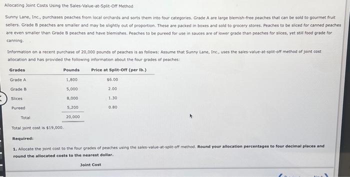 ACCT232 Allocating Joint Costs Using the Sales-Value-at-Split-off Method Sunny Lane, Inc, purchases