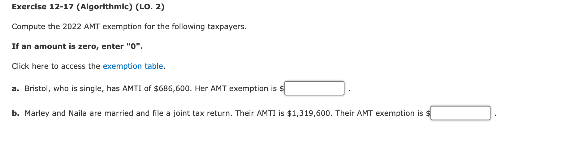 Exercise 12-17 (Algorithmic) (LO. 2) Compute the 2022 AMT exemption for