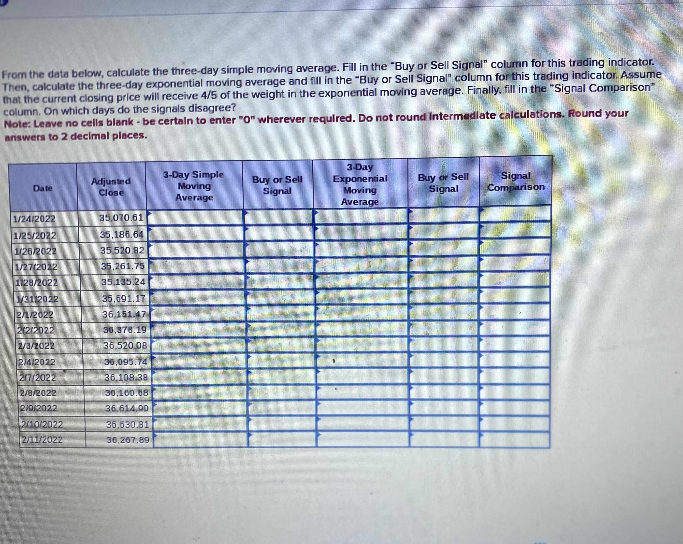  From the data below, calculate the three-day simple moving average. Fill