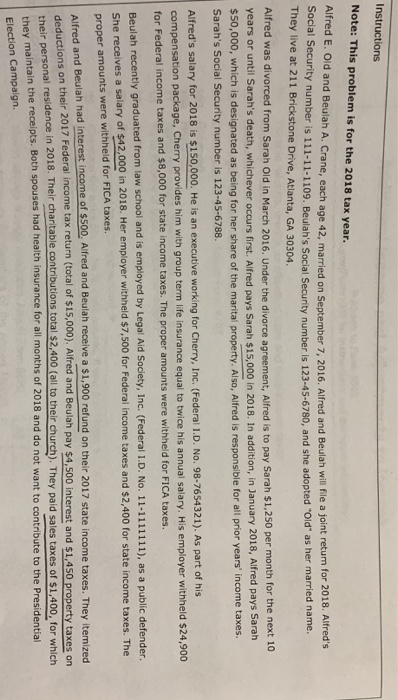  Instructions Note: This problem is for the 2018 tax year. Alfred