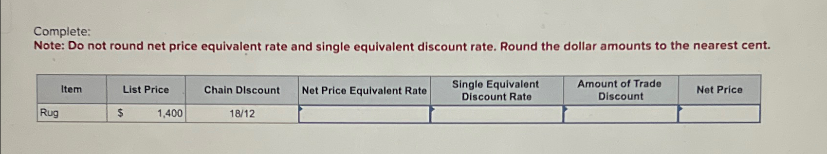  Complete: Note: Do not round net price equivalent rate and single