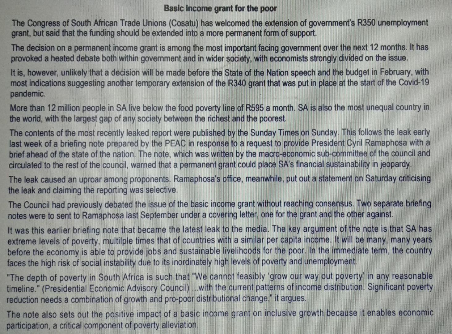  Please help it's urgent. Thank you Basic income grant for the