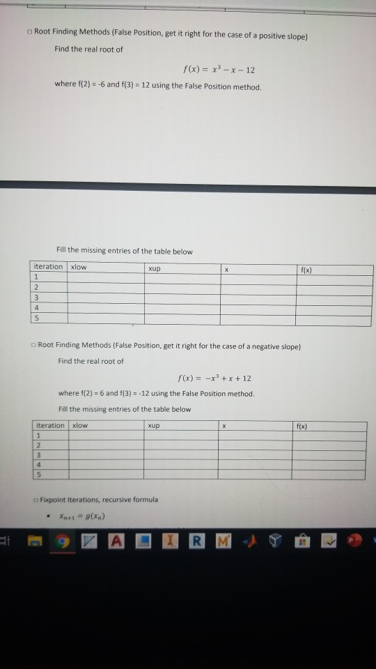  Use the False Position method to solve for the tables. Root