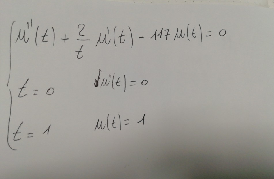 Use pythonumpy to solve the differential equation u"(t) + (2/t)*u'(t)-117*u(t)= 0 with