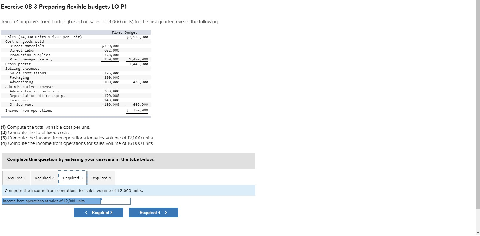 following. Fixed Budget $2,926,000 $350,000 602,000 378,000 150,000 1,480,000 1,446,000 Sales (14,000