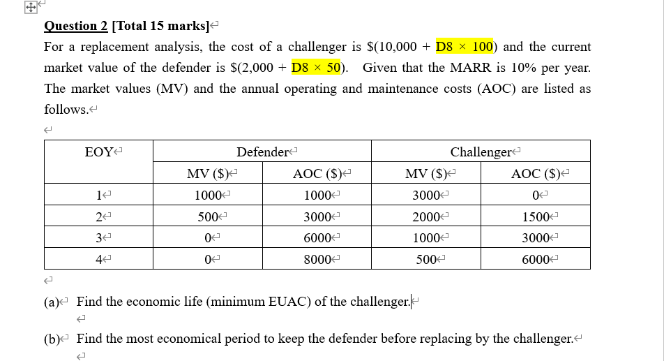  let d8 = 3;Thankyou! Question 2 [Total 15 marks] For a