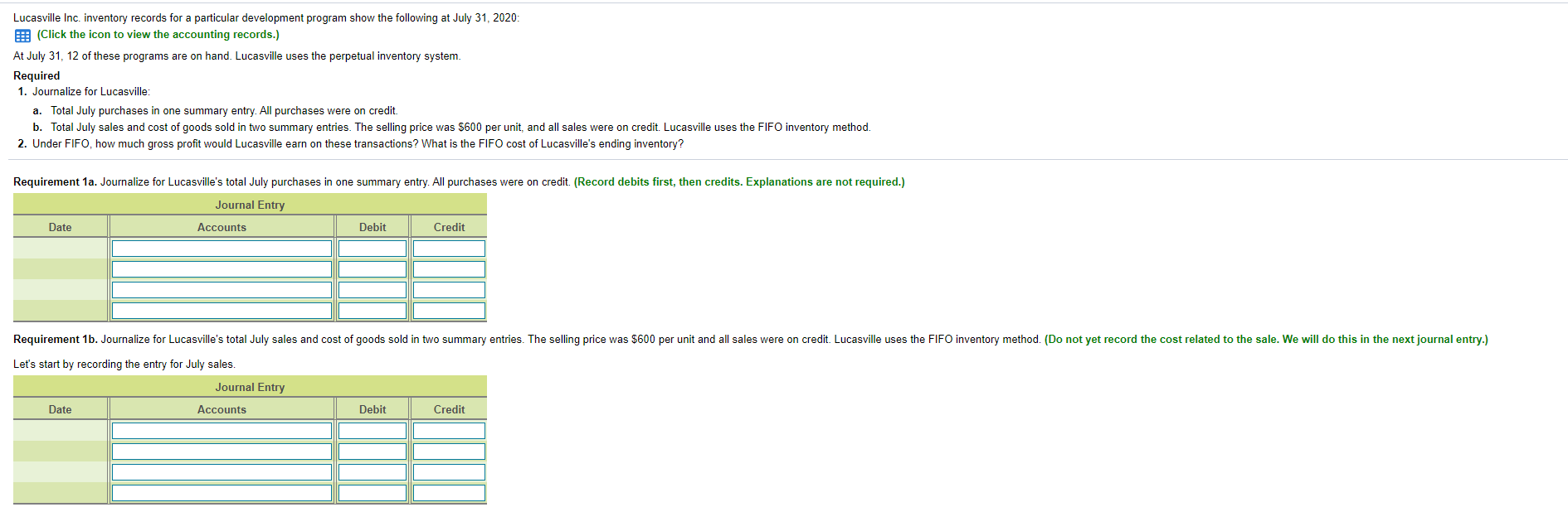  Lucasville Inc. inventory records for a particular development program show the