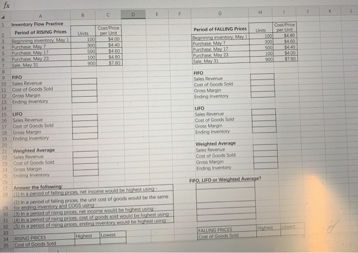  fx H J K L 1 Inventory Flow Practice Period of