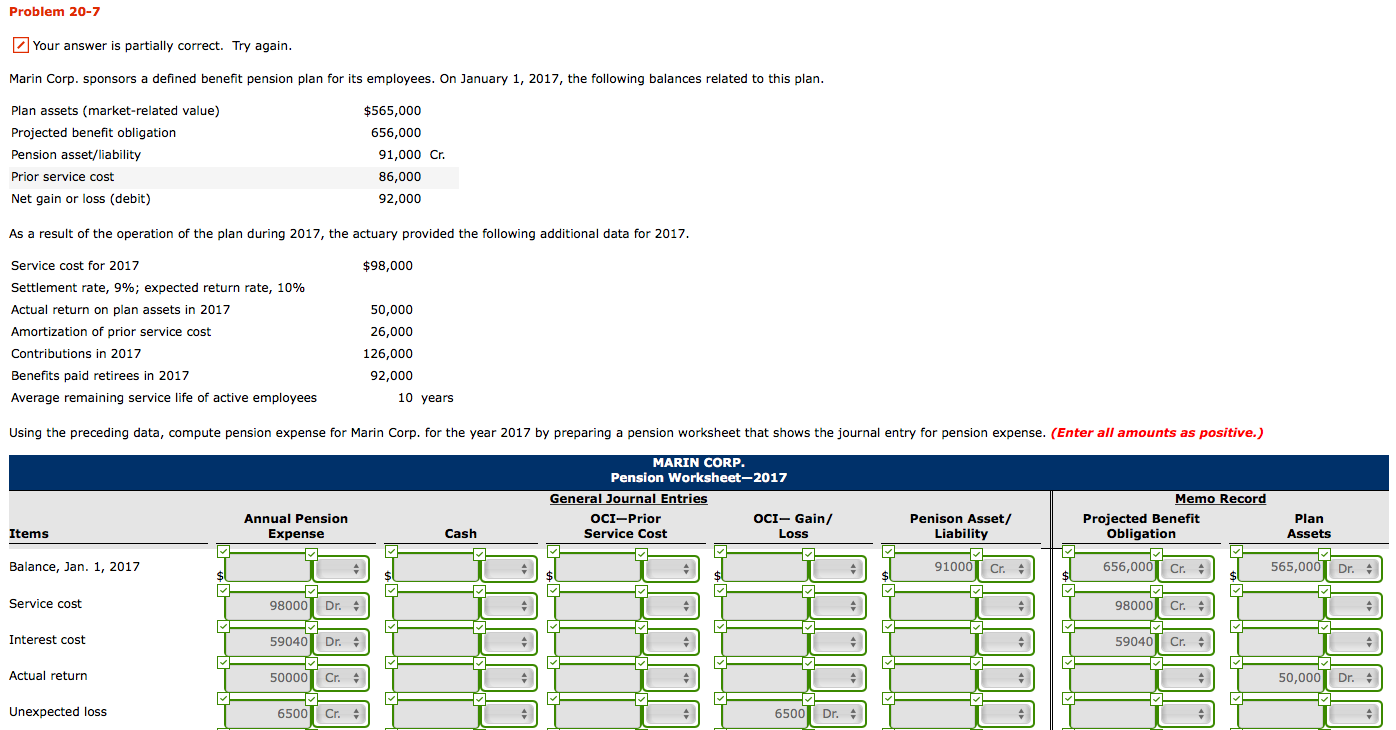  Problem 20-7 Your answer is partially correct. Try again. Marin Corp.