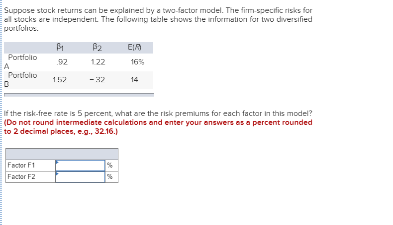 Ri= RF+B1F1 +B2F2-B353 Assume there is no firm-specific risk. The information for