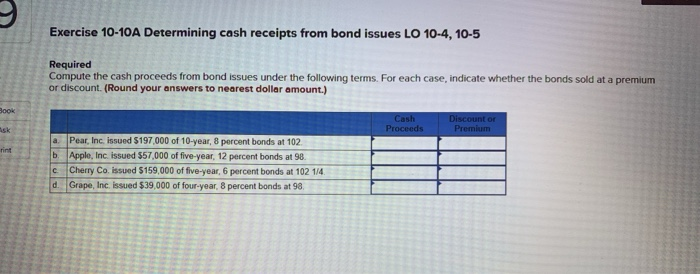  Exercise 10-10A Determining cash receipts from bond issues LO 10-4, 10-5